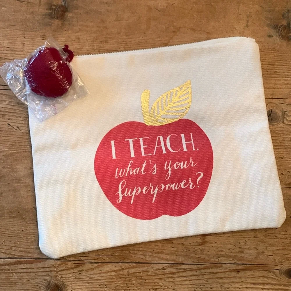 NWOT Teacher Gift !! Cotton stash bag with apple print and apple Pom Pom fob
